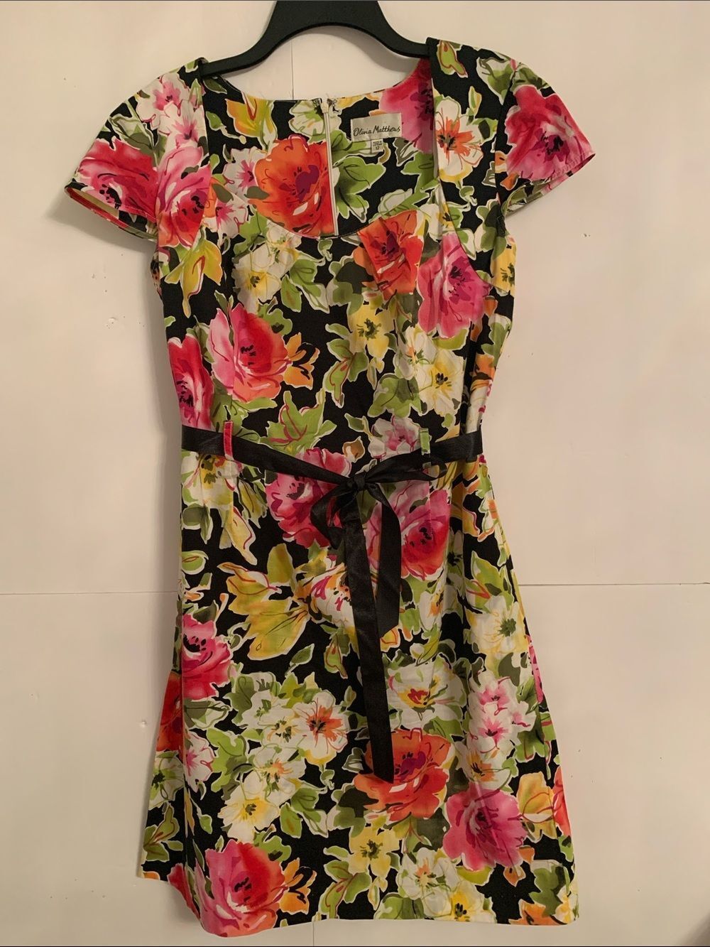 Olivia Matthews Black Cotton Mini Dress Floral Print Zip Size 12